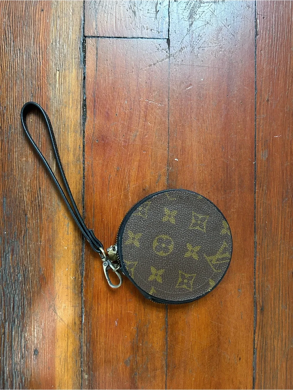 Upcycled Round Wristlet Coin Pouch with Louis Vuitton Monogram Canvas